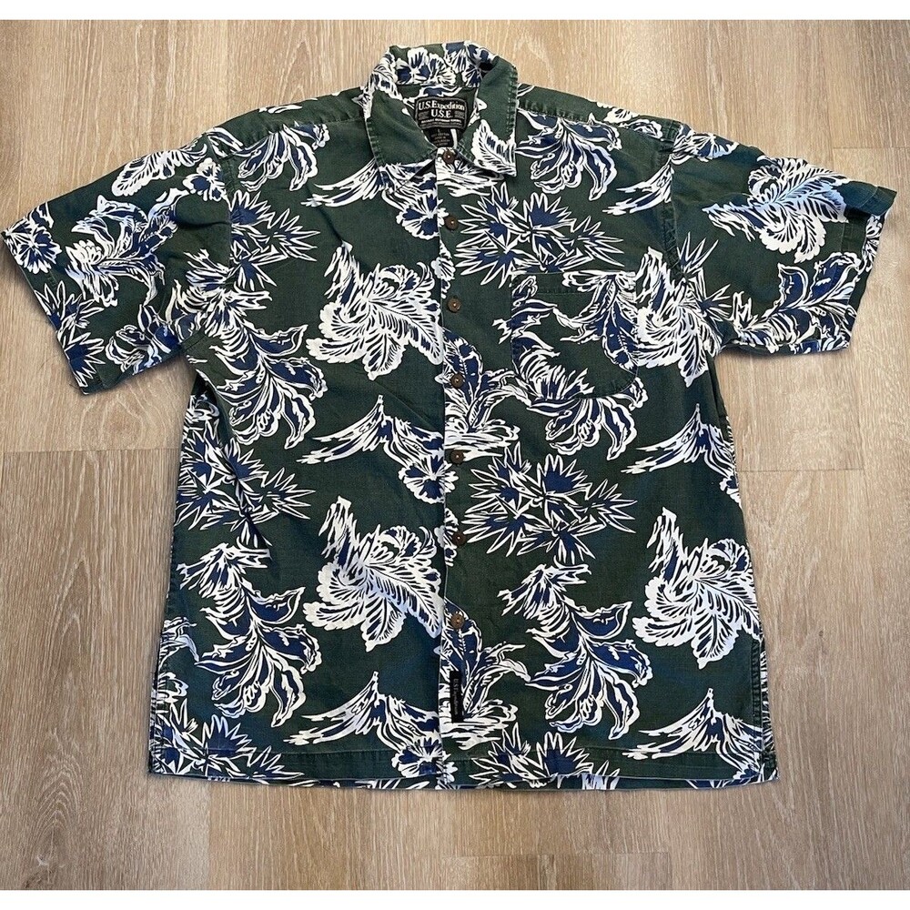 Hawaiian Floral Shirt US Expedition Men's Size L Short Sleeve Button Up Casual